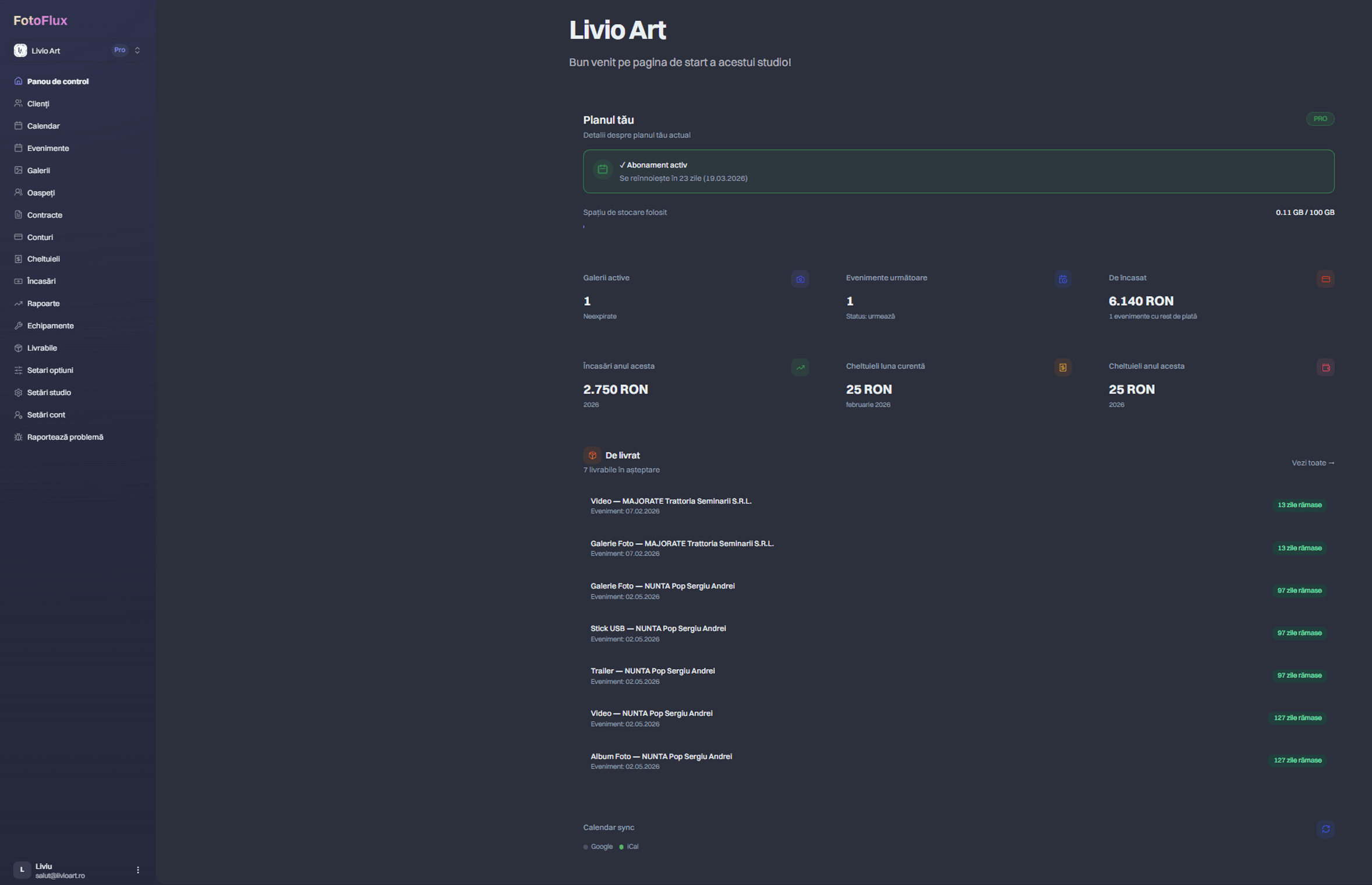 Dashboard FotoFlux (dark mode)