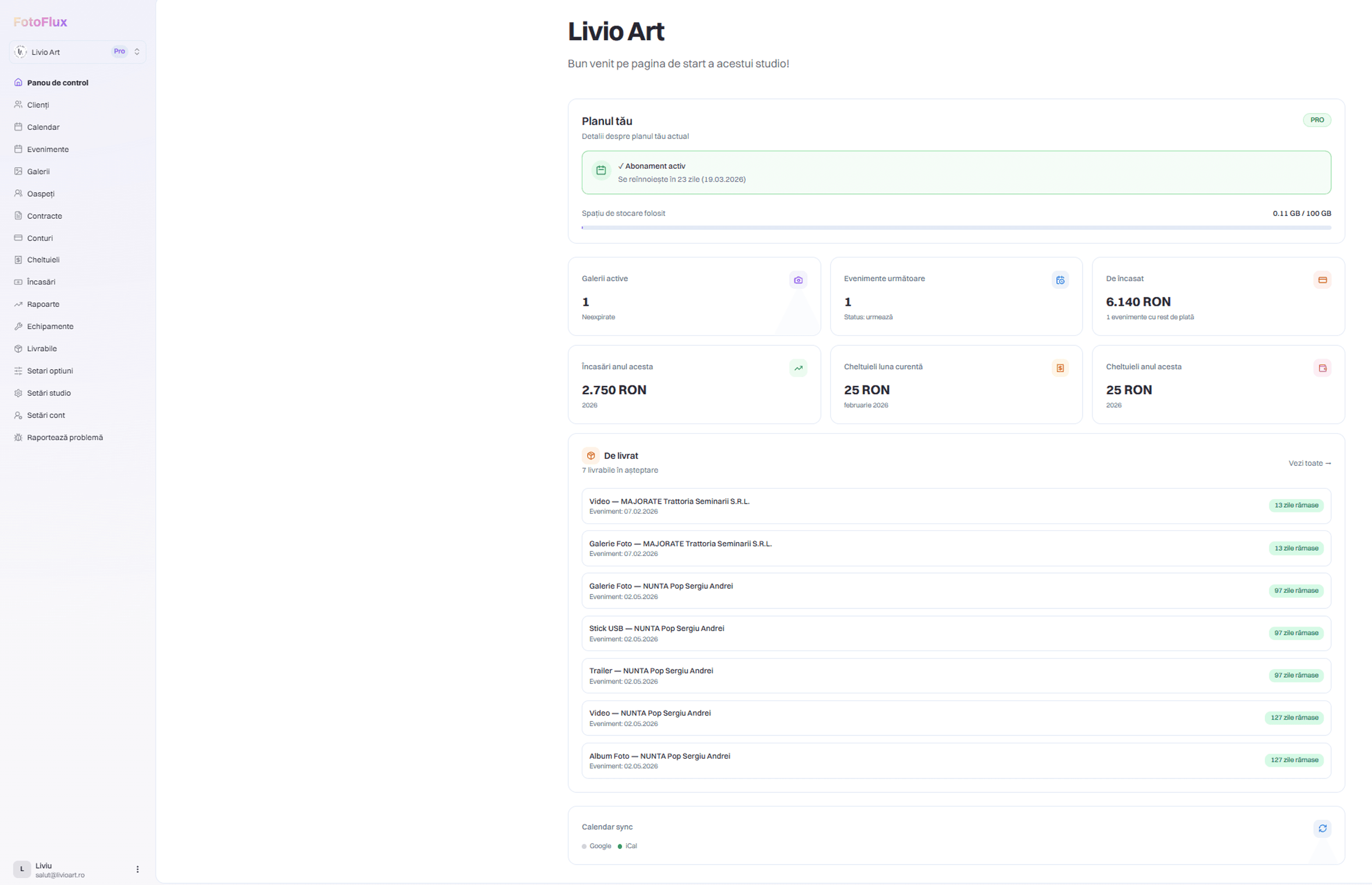 Dashboard FotoFlux - Platformă pentru fotografi profesioniști
